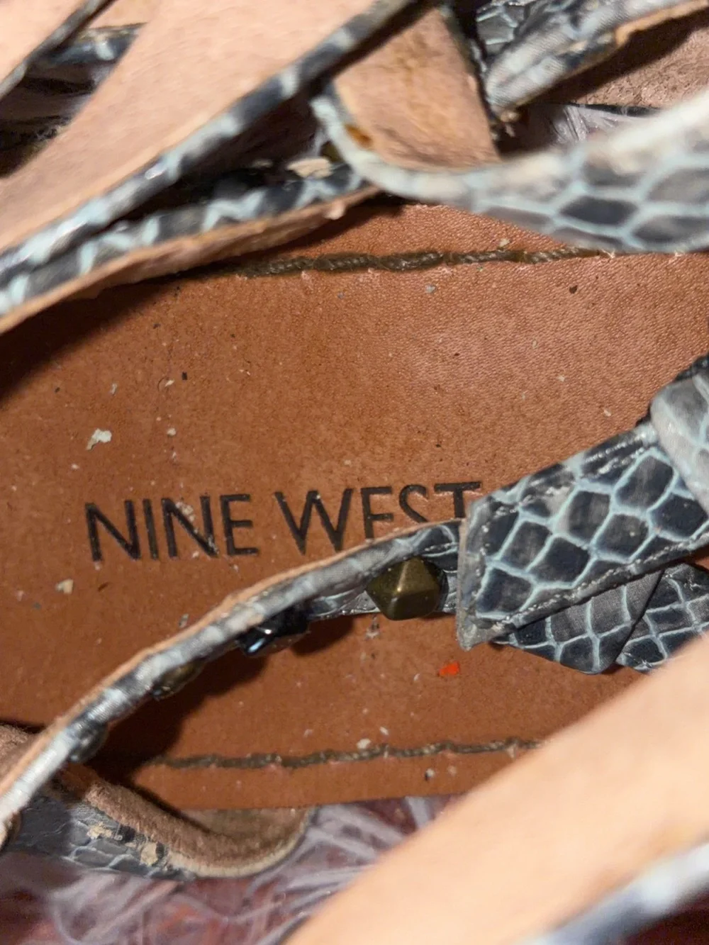 Nine West Snake-Print T-Strap Sandals in Tan and Gray